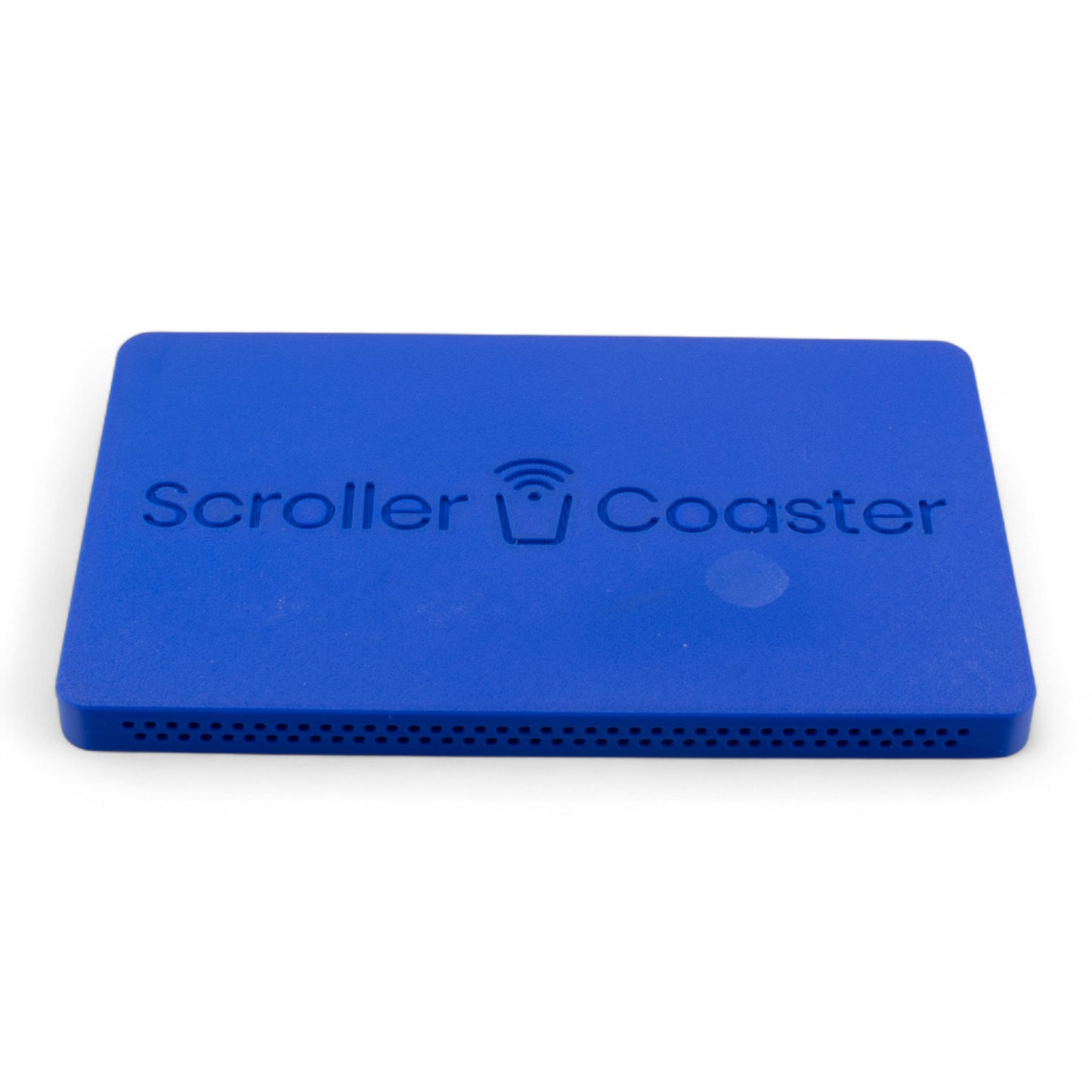 Blue smartphone drink coaster underside with 'Scroller Coaster' branding on a white background