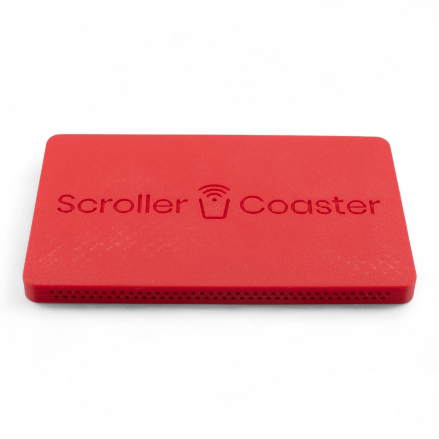 Cherry smartphone drink coaster underside with 'Scroller Coaster' branding on a white background