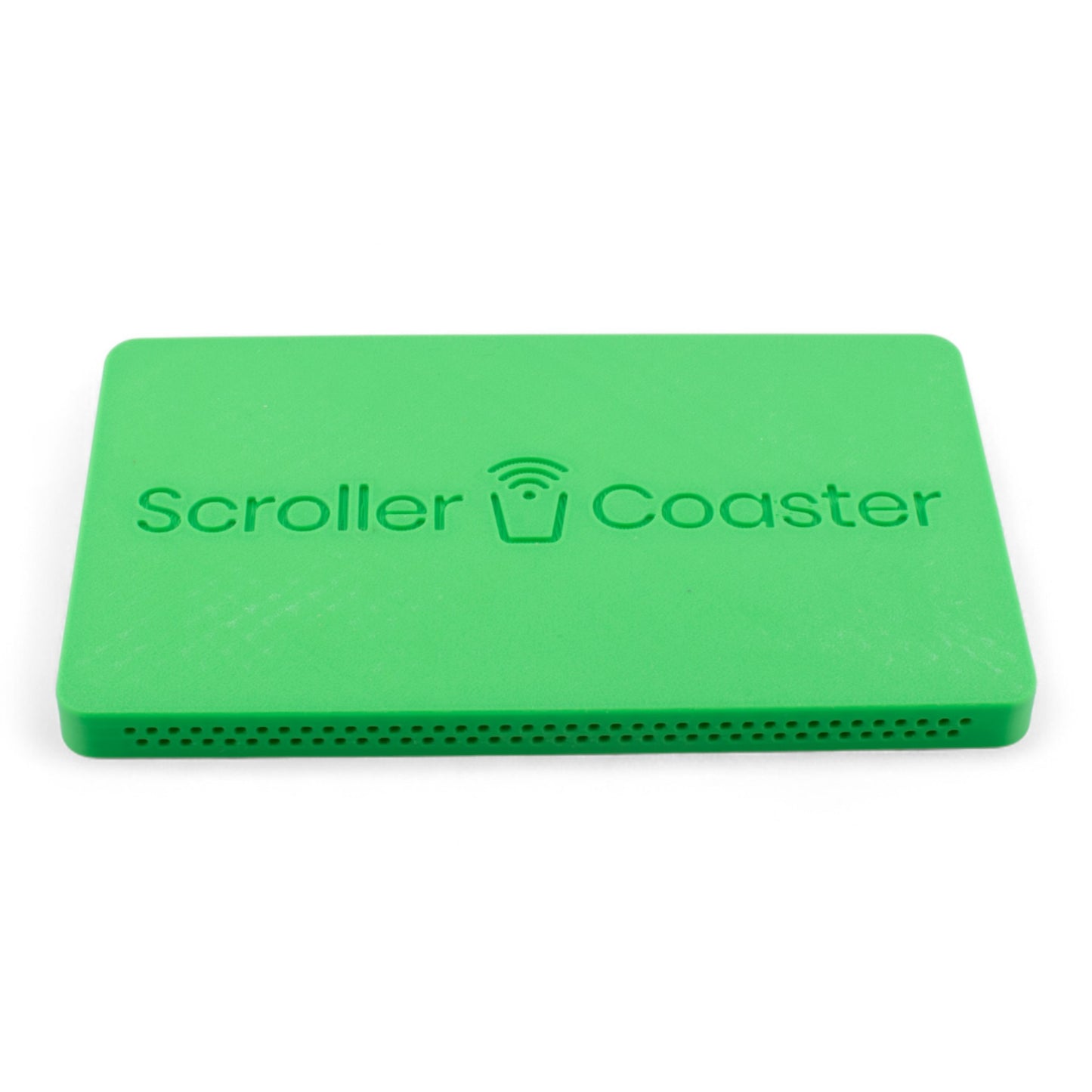 Lime smartphone drink coaster underside with 'Scroller Coaster' branding on a white background