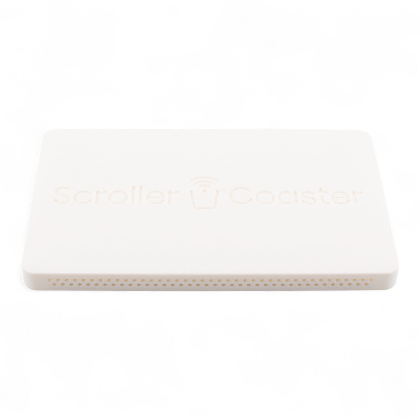 White smartphone drink coaster underside with 'Scroller Coaster' branding on a white background