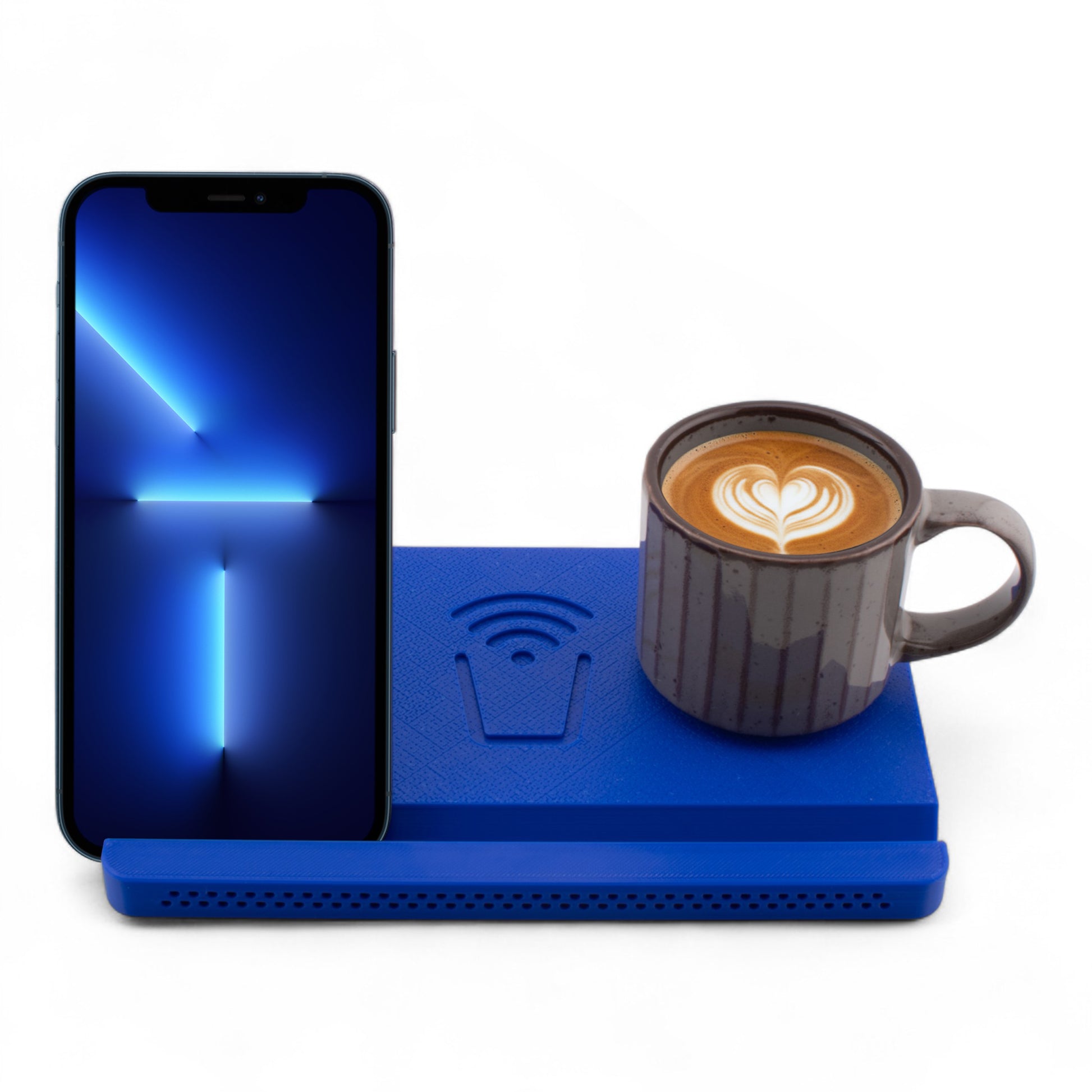 Smartphone and coffee mug on a blue coaster on a white background front facing