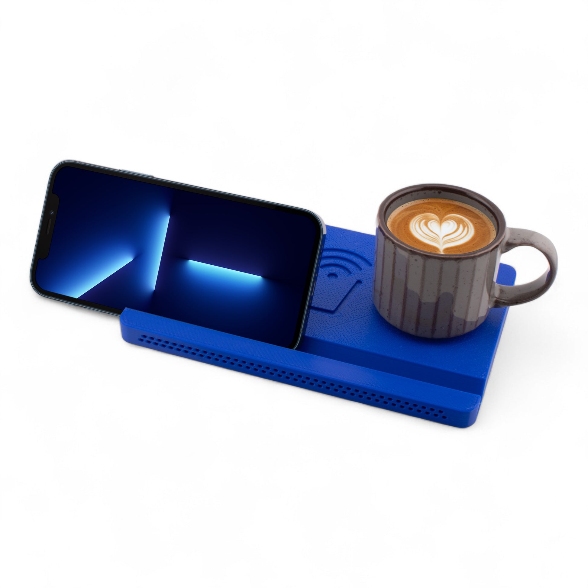 Landscape smartphone and coffee mug on a blue coaster on a white background left angle