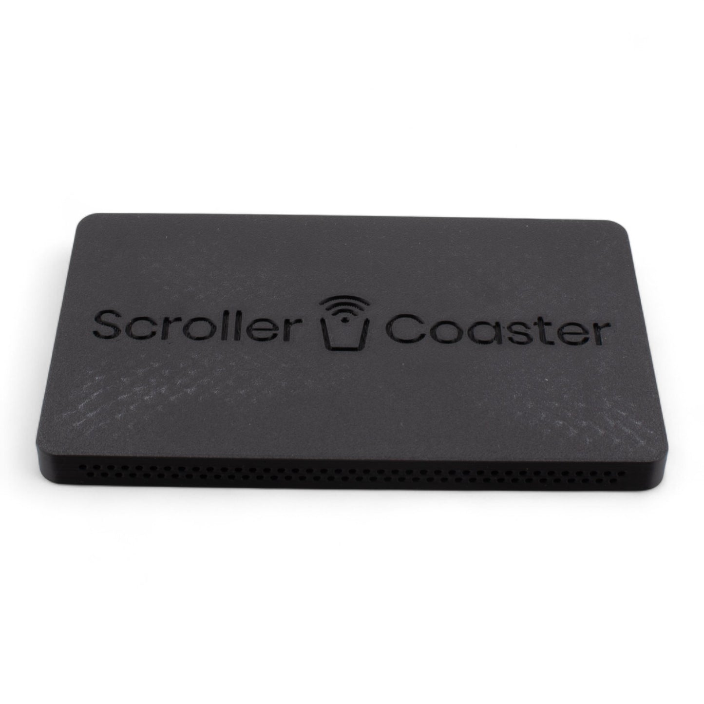 Charcoal smartphone drink coaster underside with 'Scroller Coaster' branding on a white background