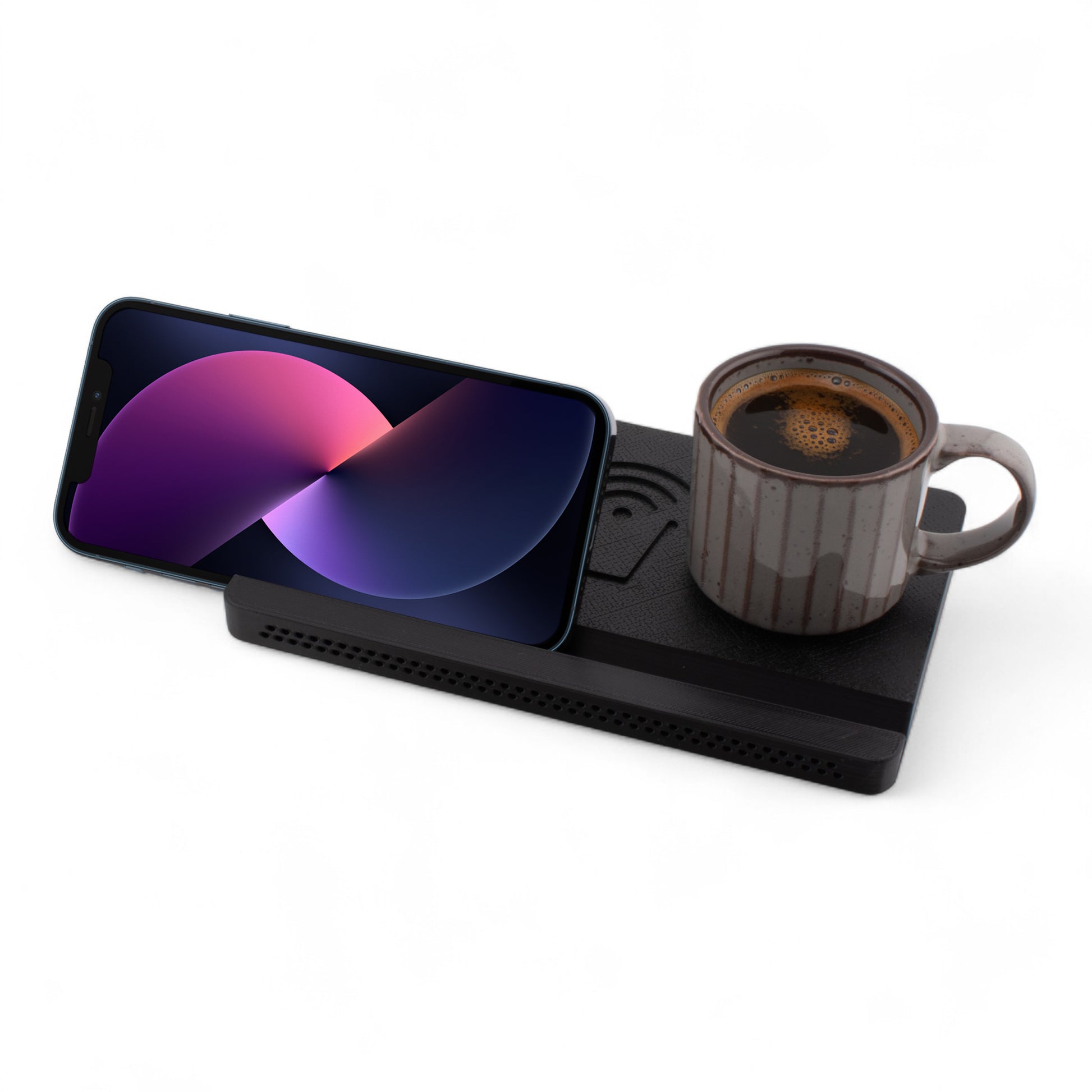 Landscape smartphone and coffee mug on a charcoal coaster on a white background left angle