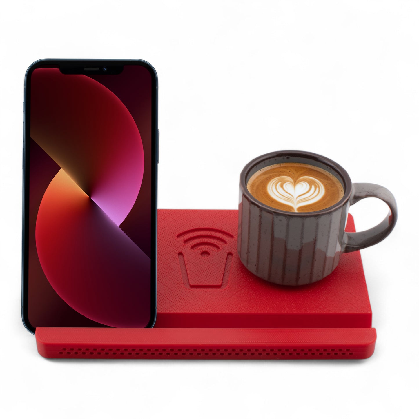 Smartphone and coffee mug on a cherry coaster on a white background front facing