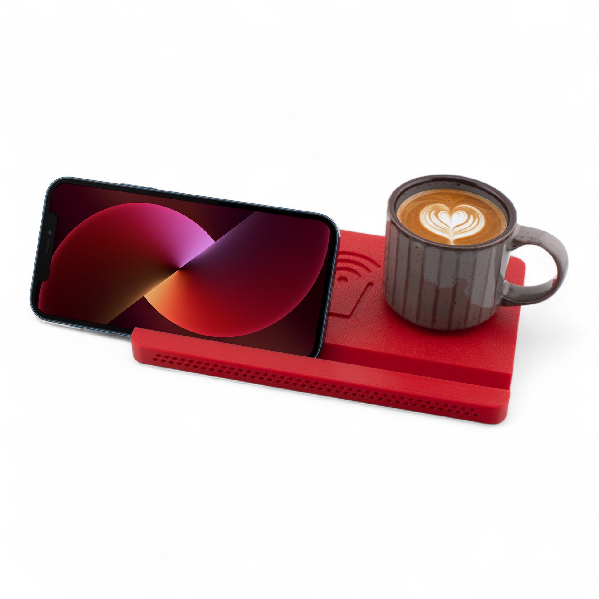 Landscape smartphone and coffee mug on a cherry coaster on a white background left angle
