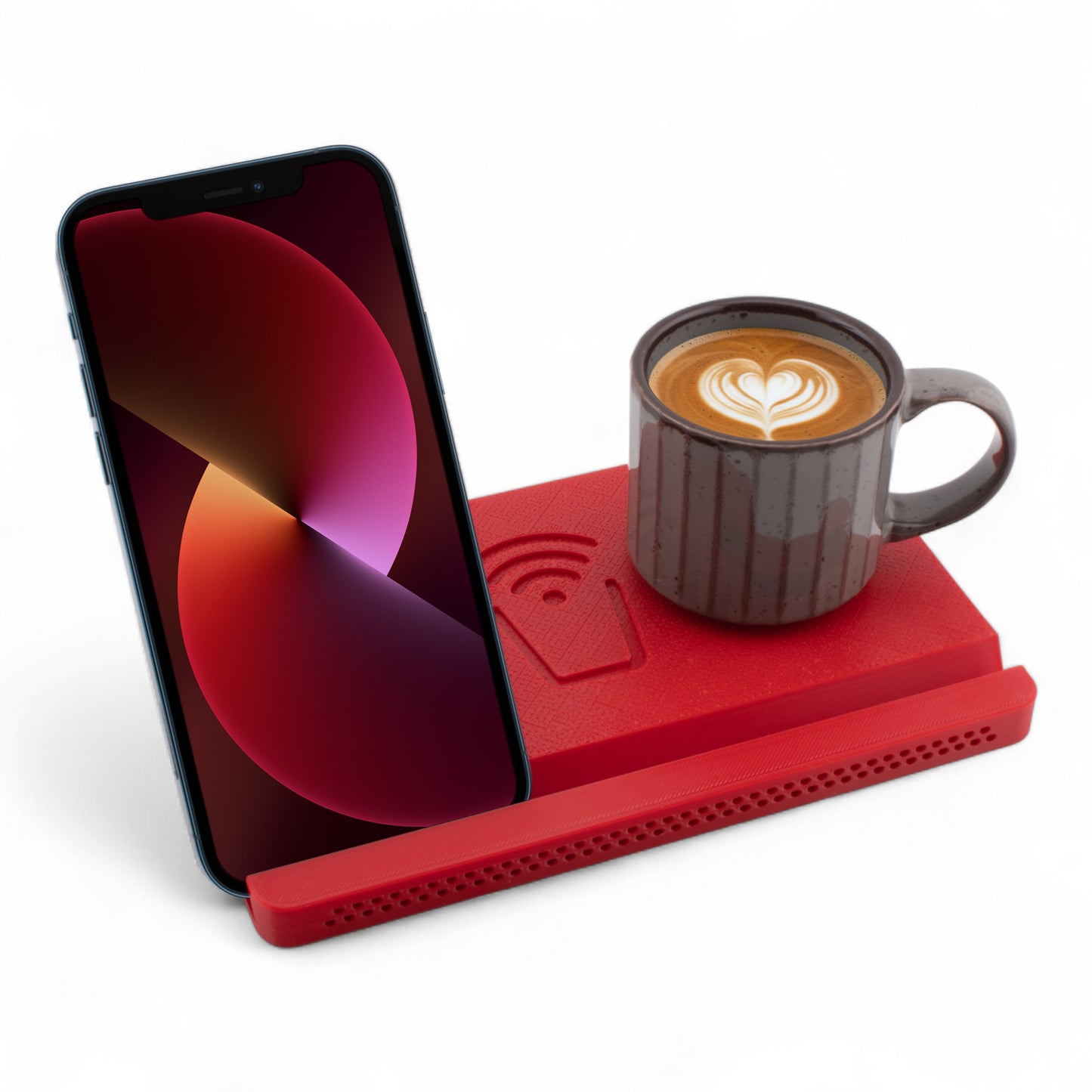 Smartphone and coffee mug on a cherry coaster on a white background right angle
