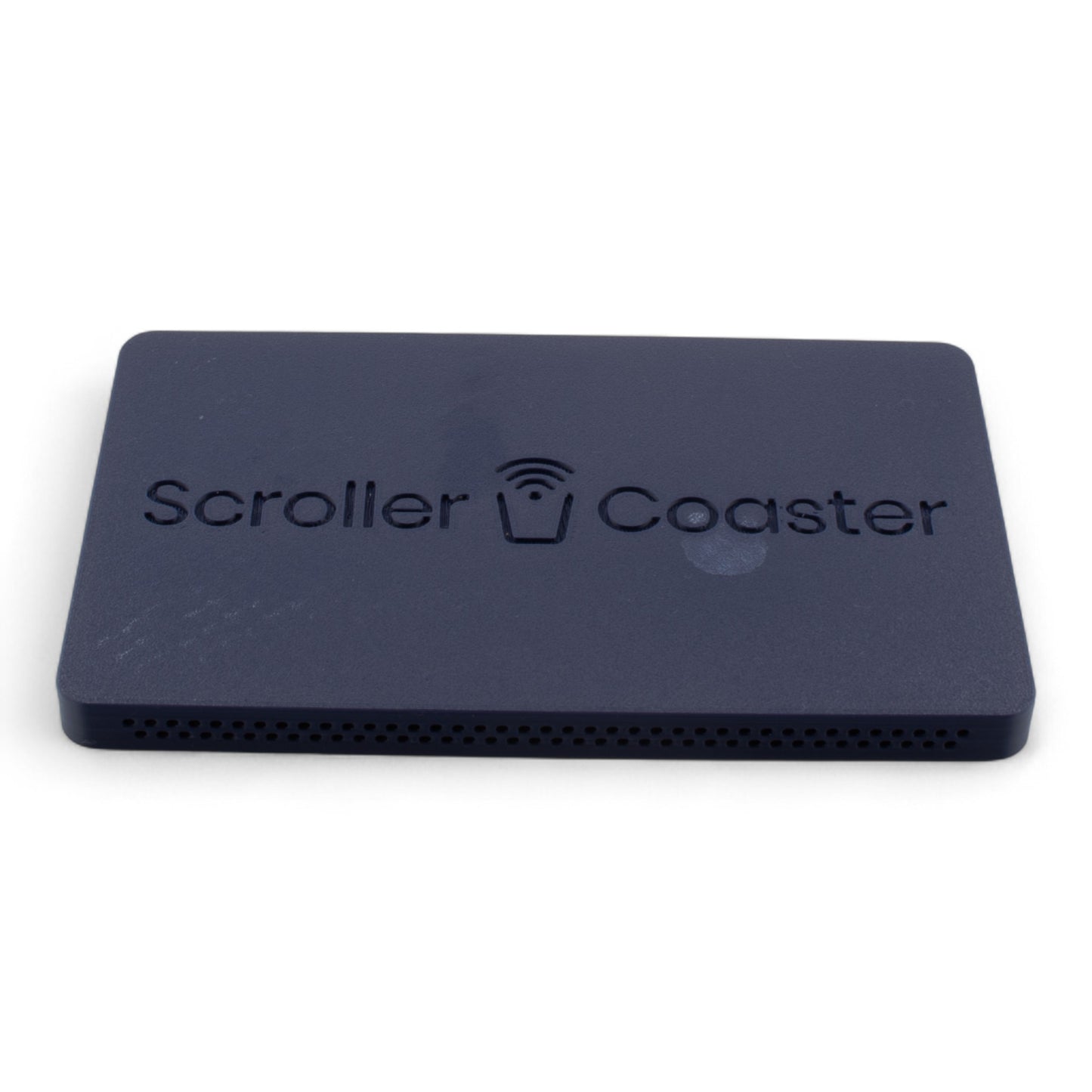 Indigo smartphone drink coaster underside with 'Scroller Coaster' branding on a white background