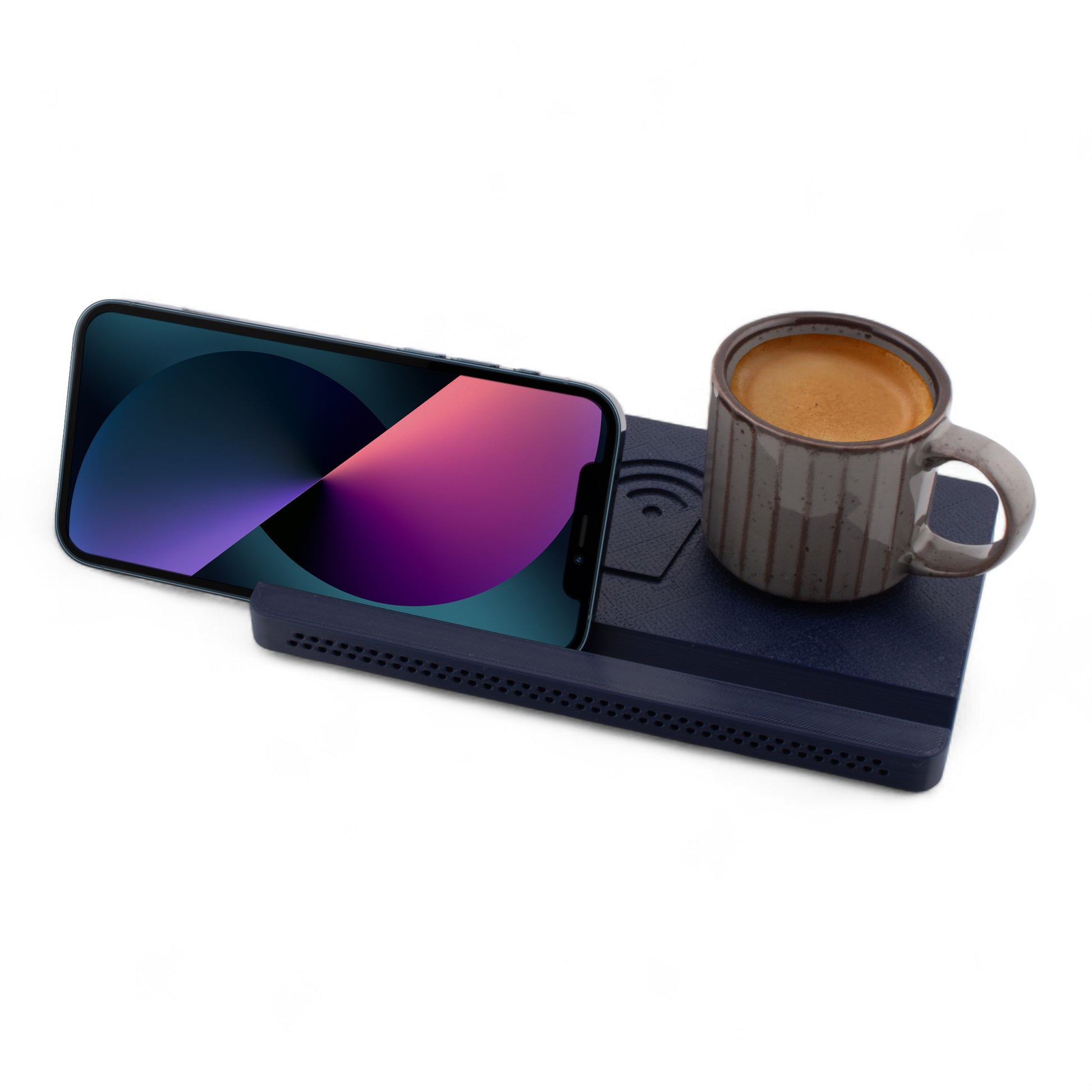 Landscape smartphone and coffee mug on an indigo coaster on a white background left angle