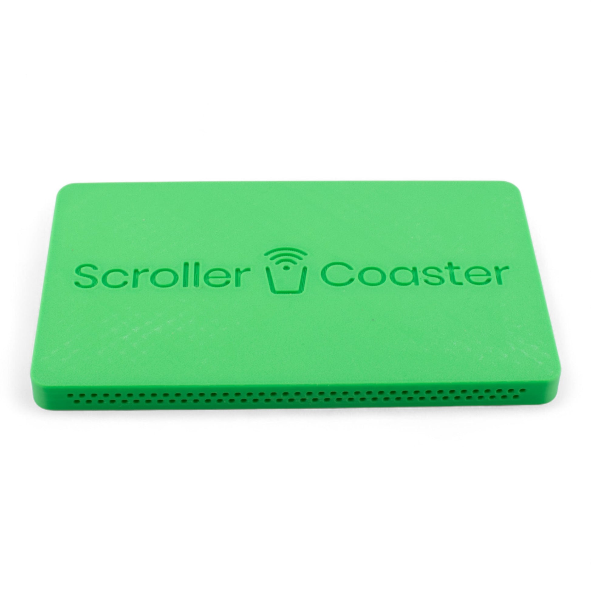 Lime smartphone drink coaster underside with 'Scroller Coaster' branding on a white background
