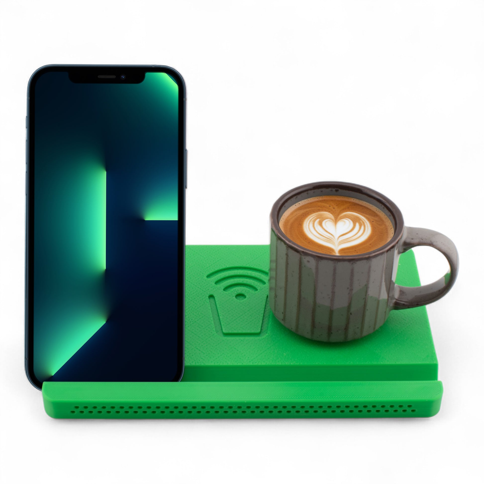 Smartphone and coffee mug on a lime coaster on a white background front facing