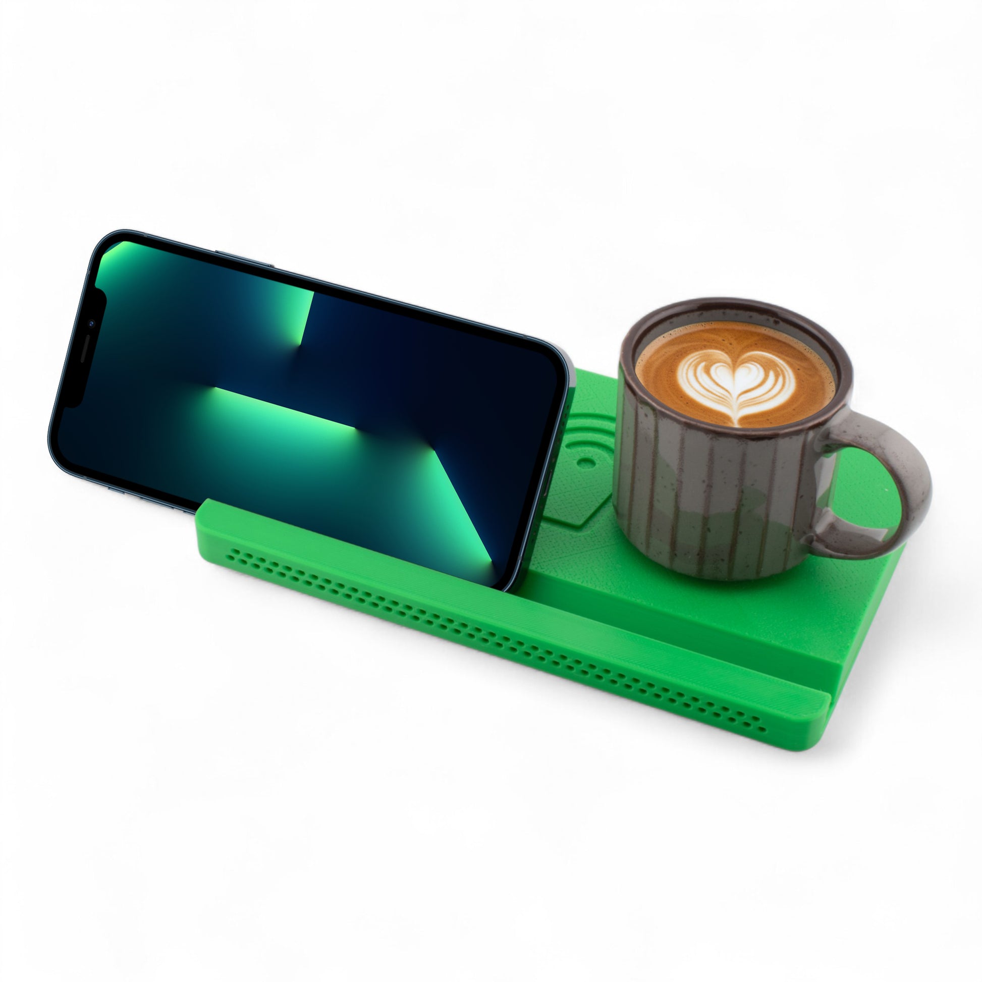 Landscape smartphone and coffee mug on a lime coaster on a white background left angle