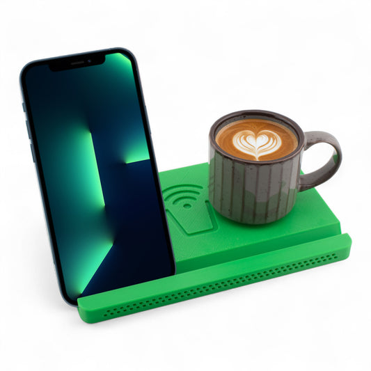 Smartphone and coffee mug on a lime coaster on a white background right angle