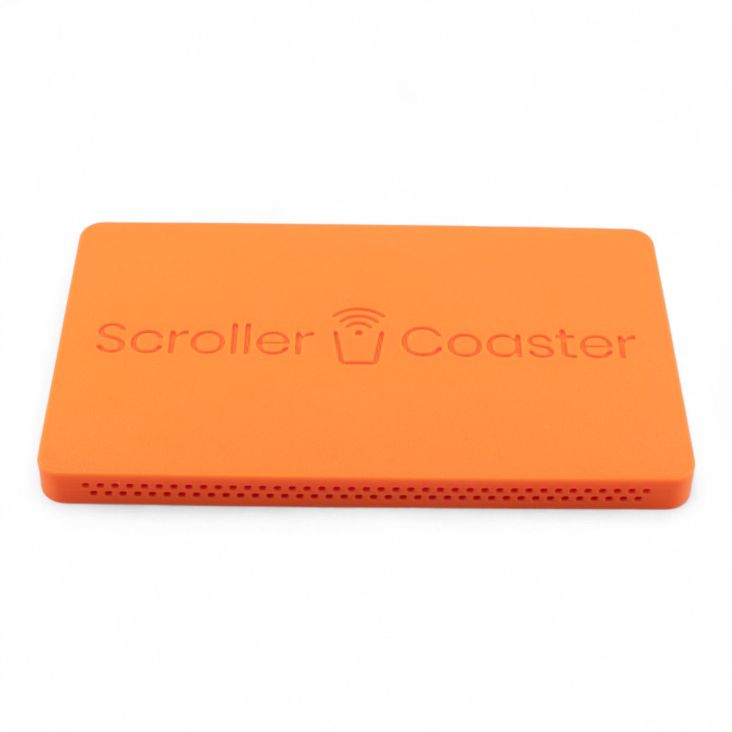 Orange smartphone drink coaster underside with 'Scroller Coaster' branding on a white background