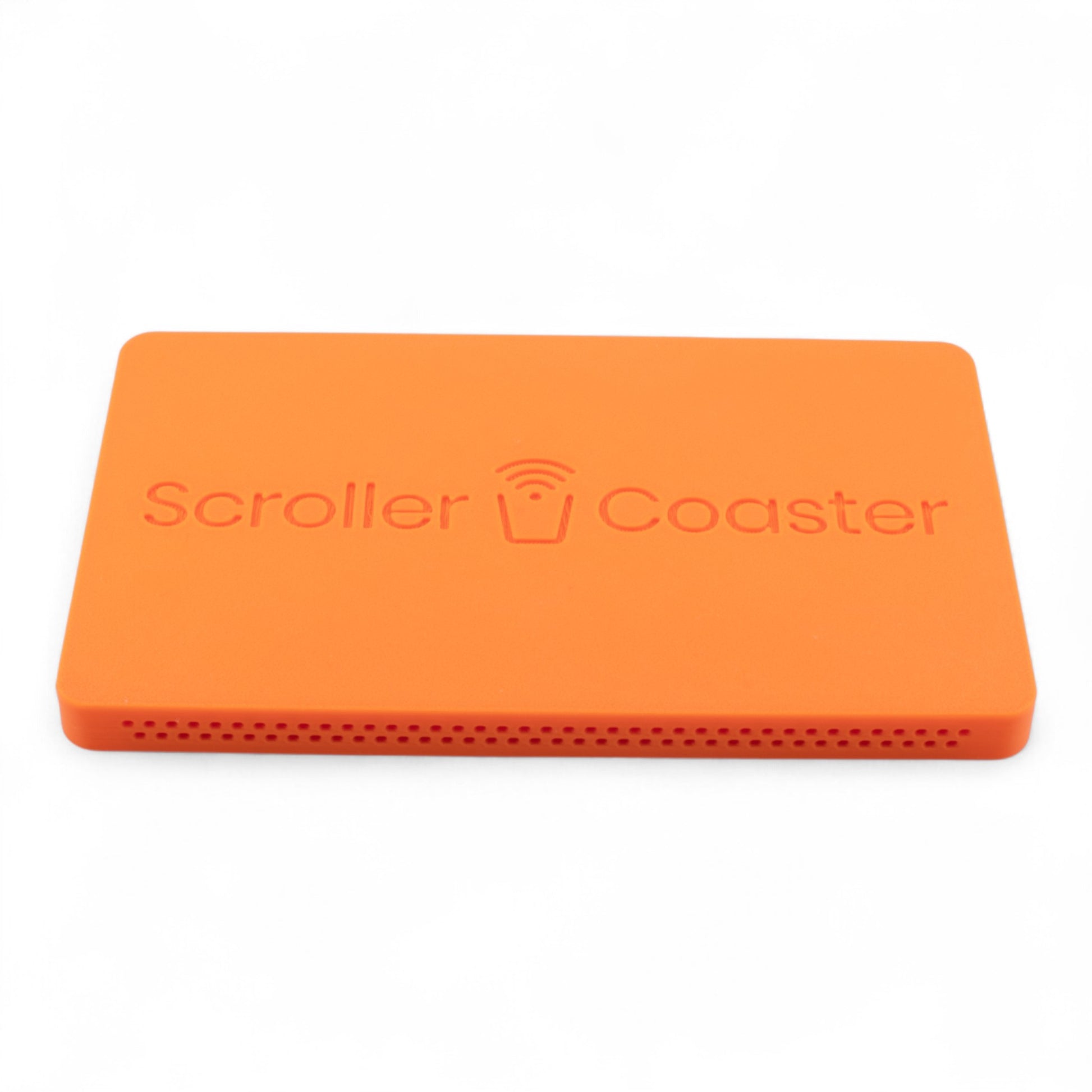 Orange smartphone drink coaster underside with 'Scroller Coaster' branding on a white background