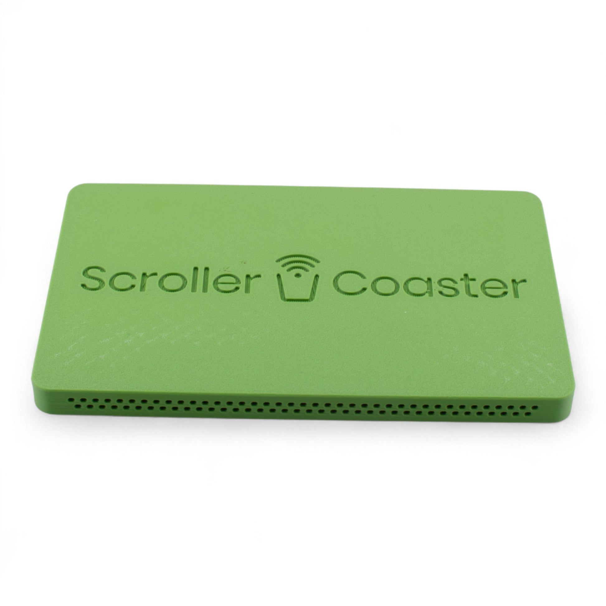 Sage smartphone drink coaster underside with 'Scroller Coaster' branding on a white background