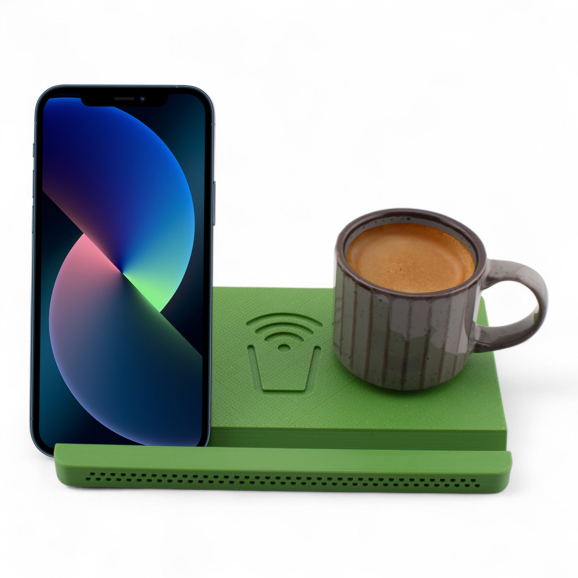 Smartphone and coffee mug on a sage coaster on a white background front facing