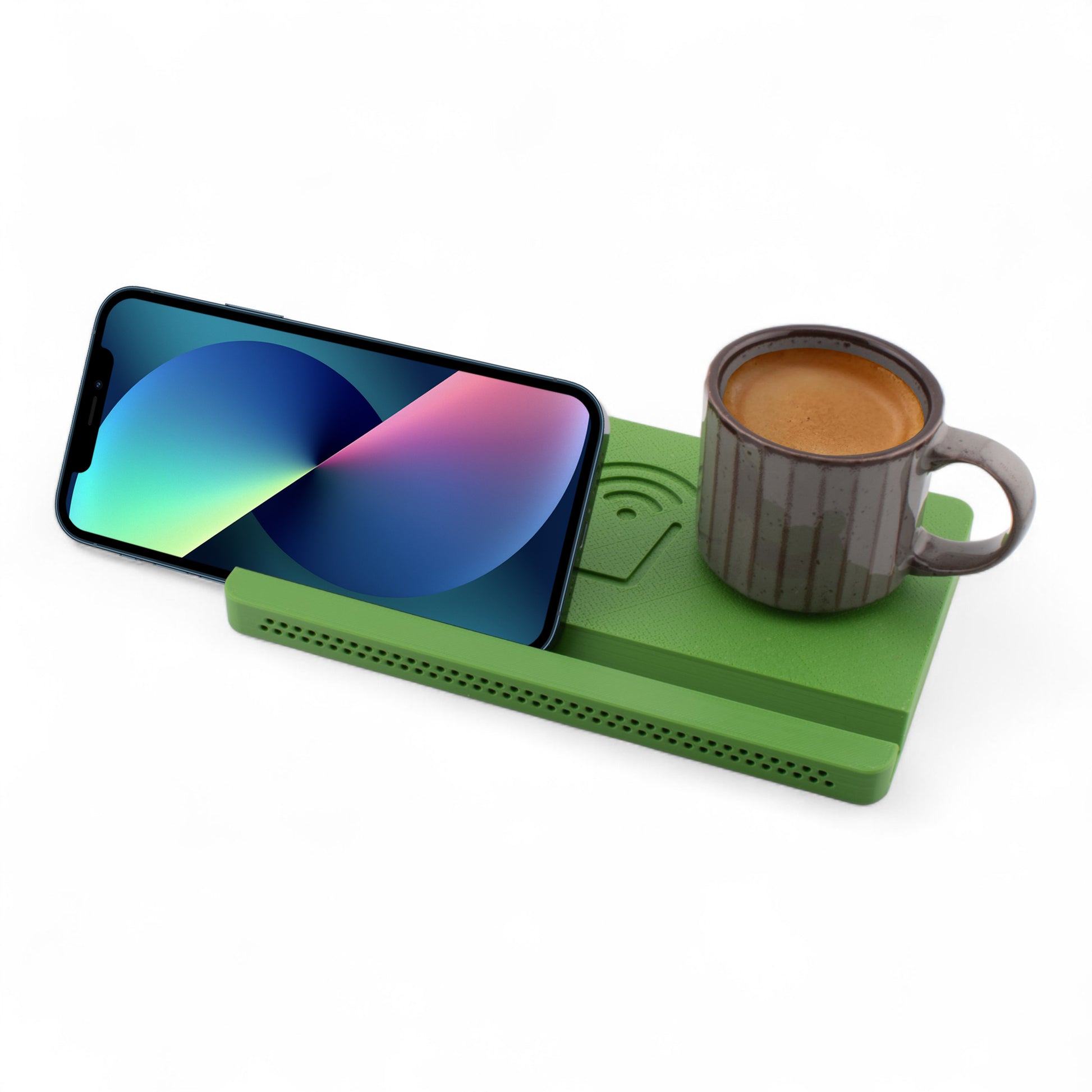 Landscape smartphone and coffee mug on a sage coaster on a white background left angle