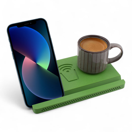 Smartphone and coffee mug on a sage coaster on a white background right angle