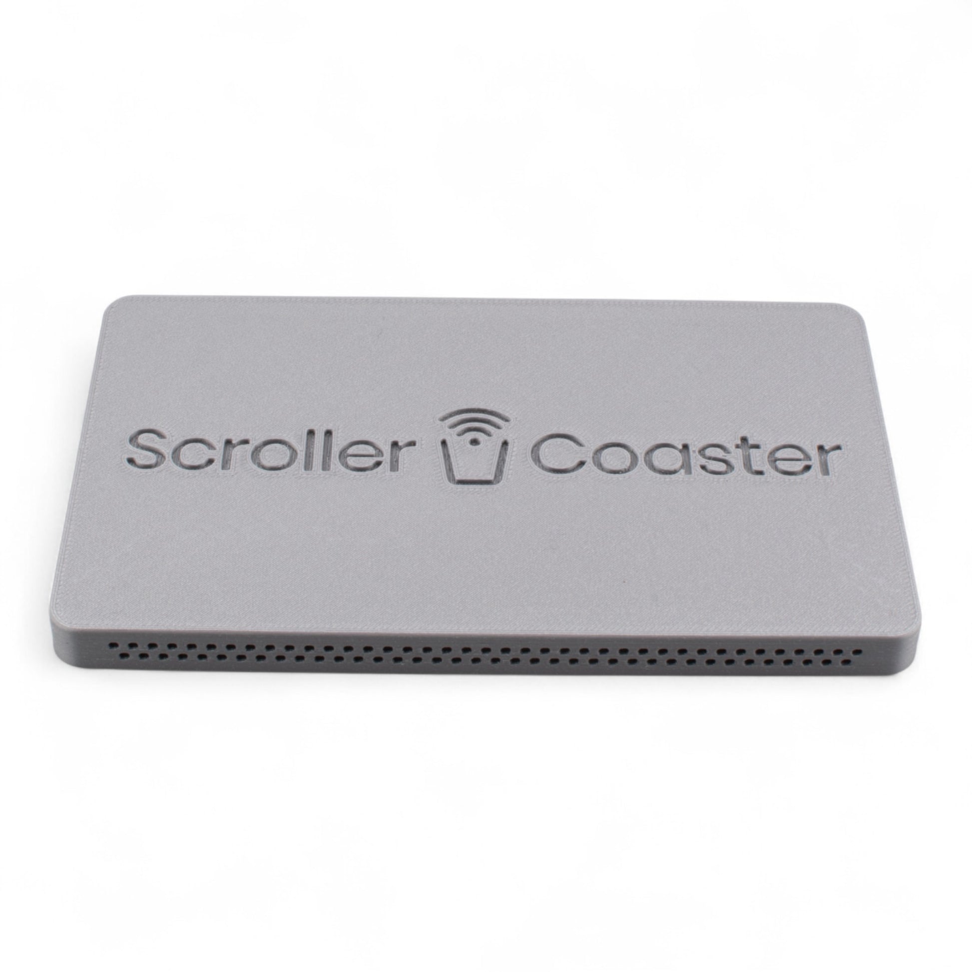 Silver smartphone drink coaster underside with 'Scroller Coaster' branding on a white background