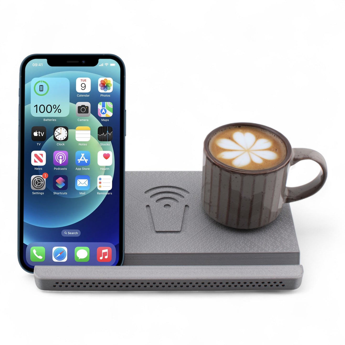 Smartphone and coffee mug on a silver coaster on a white background front facing