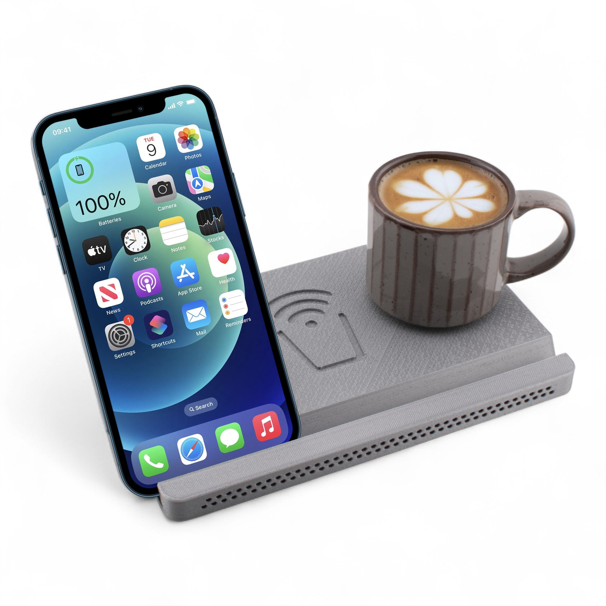Smartphone and coffee mug on a silver coaster on a white background right angle