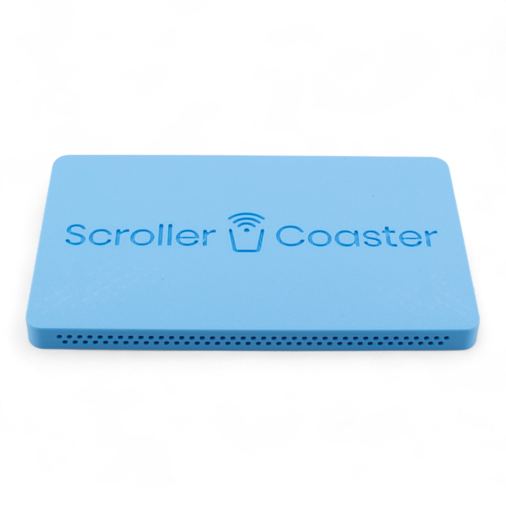 Sky blue smartphone drink coaster underside with 'Scroller Coaster' branding on a white background