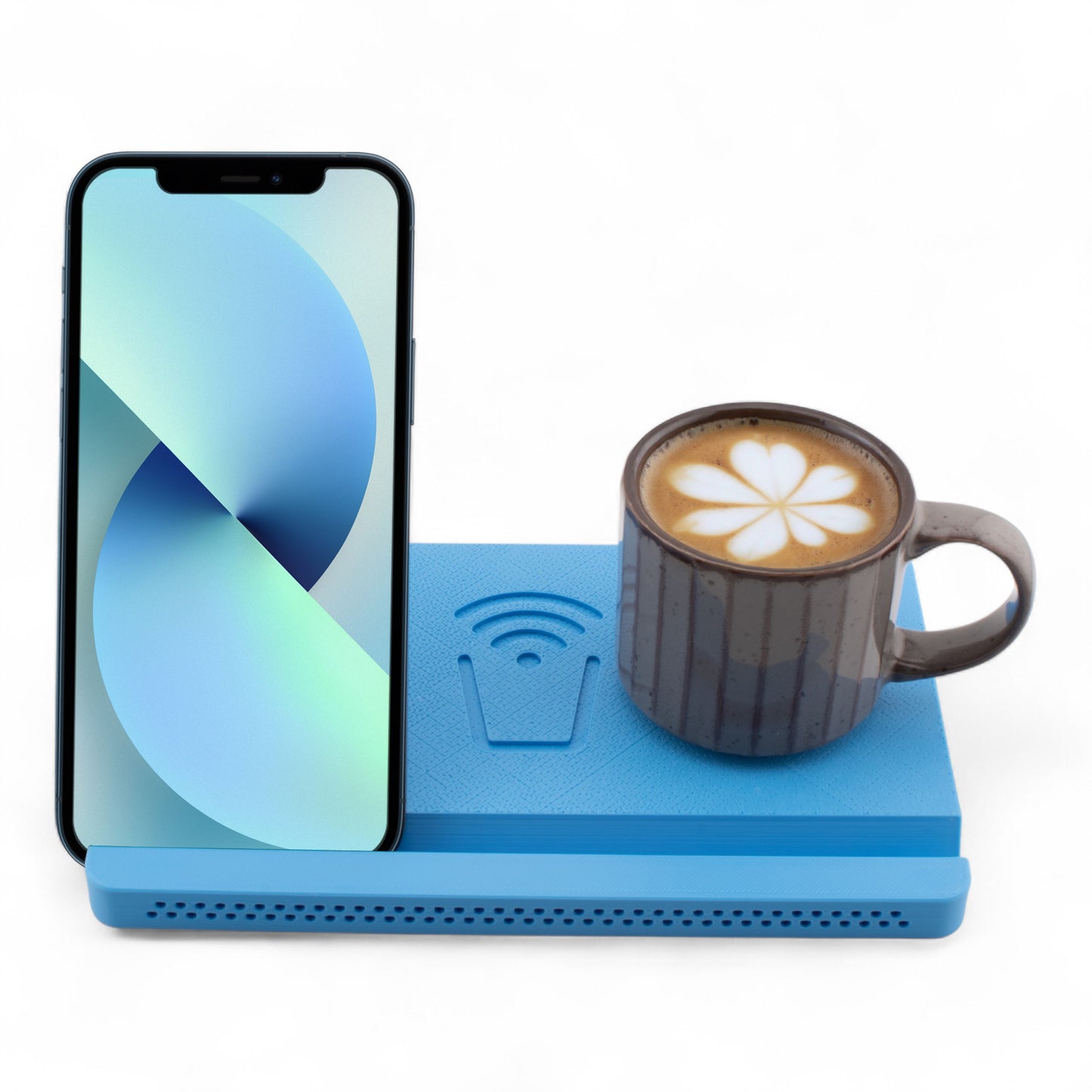 Smartphone and coffee mug on a sky blue coaster on a white background front facing