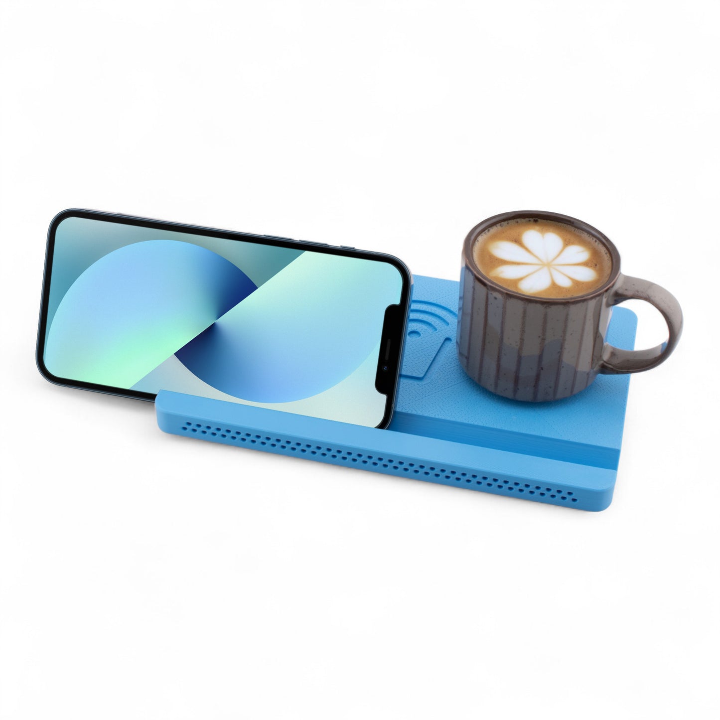 Landscape smartphone and coffee mug on a sky blue coaster on a white background left angle