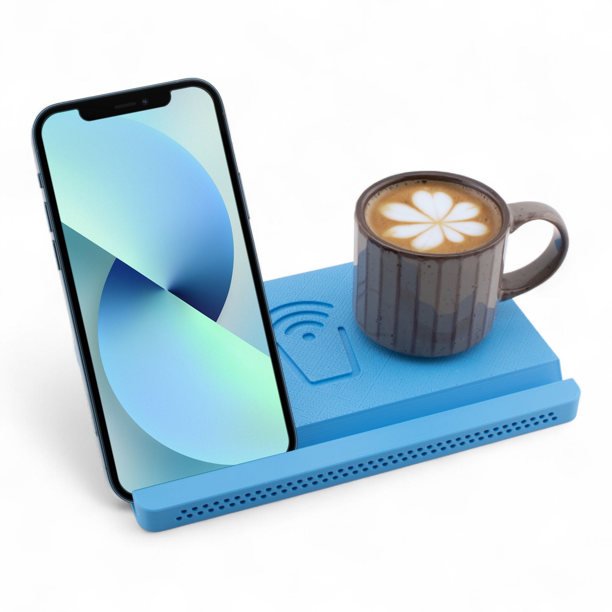 Smartphone and coffee mug on a sky blue coaster on a white background right angle