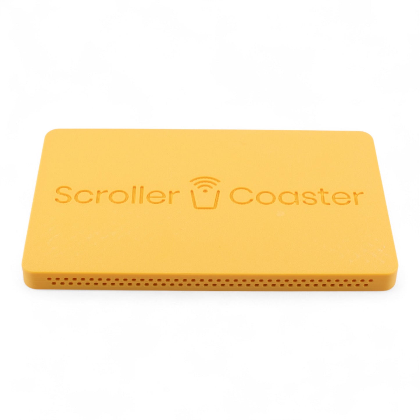 Tangerine smartphone drink coaster underside with 'Scroller Coaster' branding on a white background