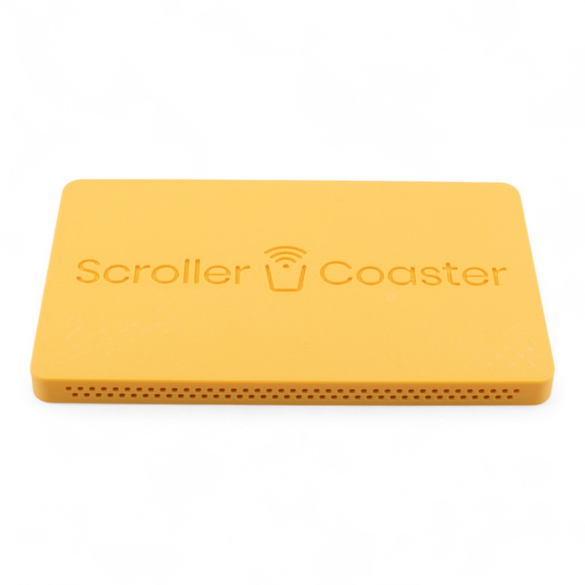 Tangerine smartphone drink coaster underside with 'Scroller Coaster' branding on a white background