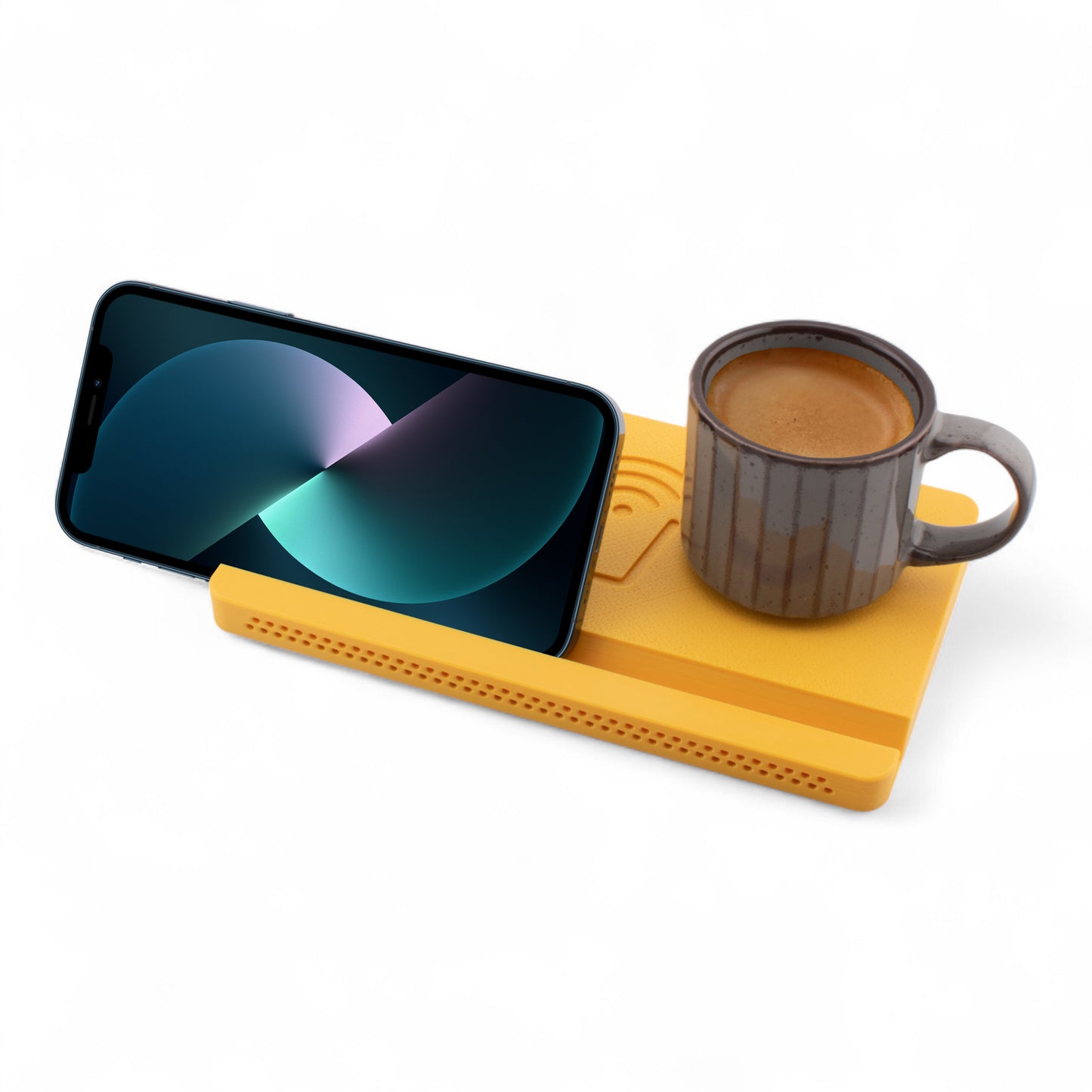 Landscape smartphone and coffee mug on a tangerine coaster on a white background left angle