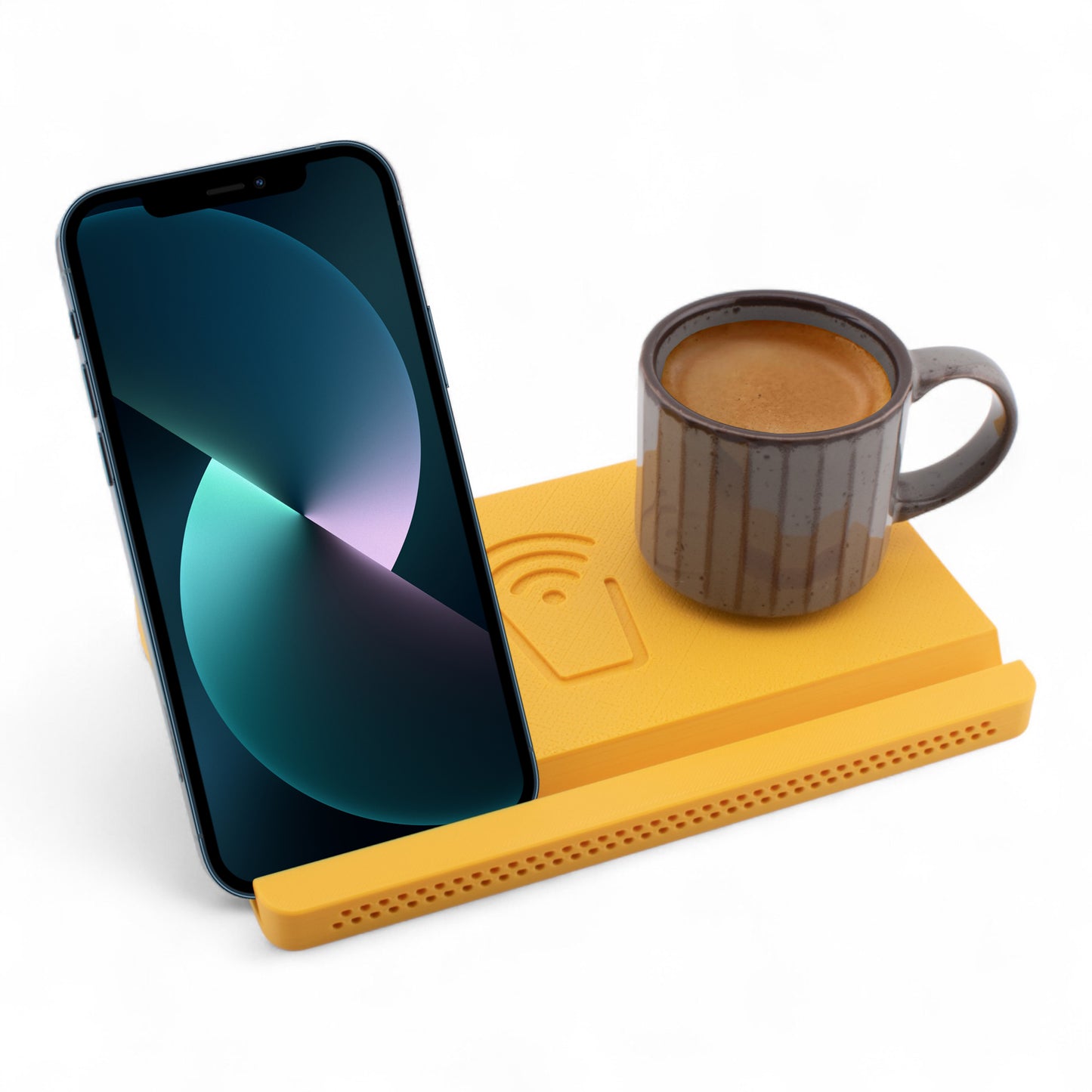 Smartphone and coffee mug on a tangerine coaster on a white background right angle