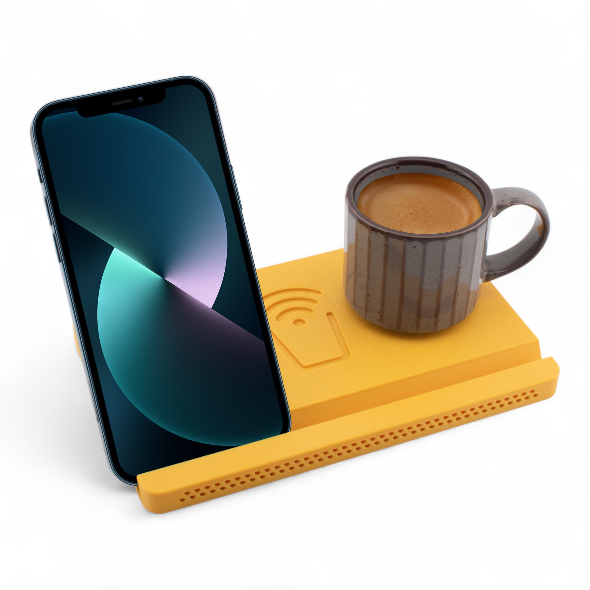 Smartphone and coffee mug on a tangerine coaster on a white background right angle