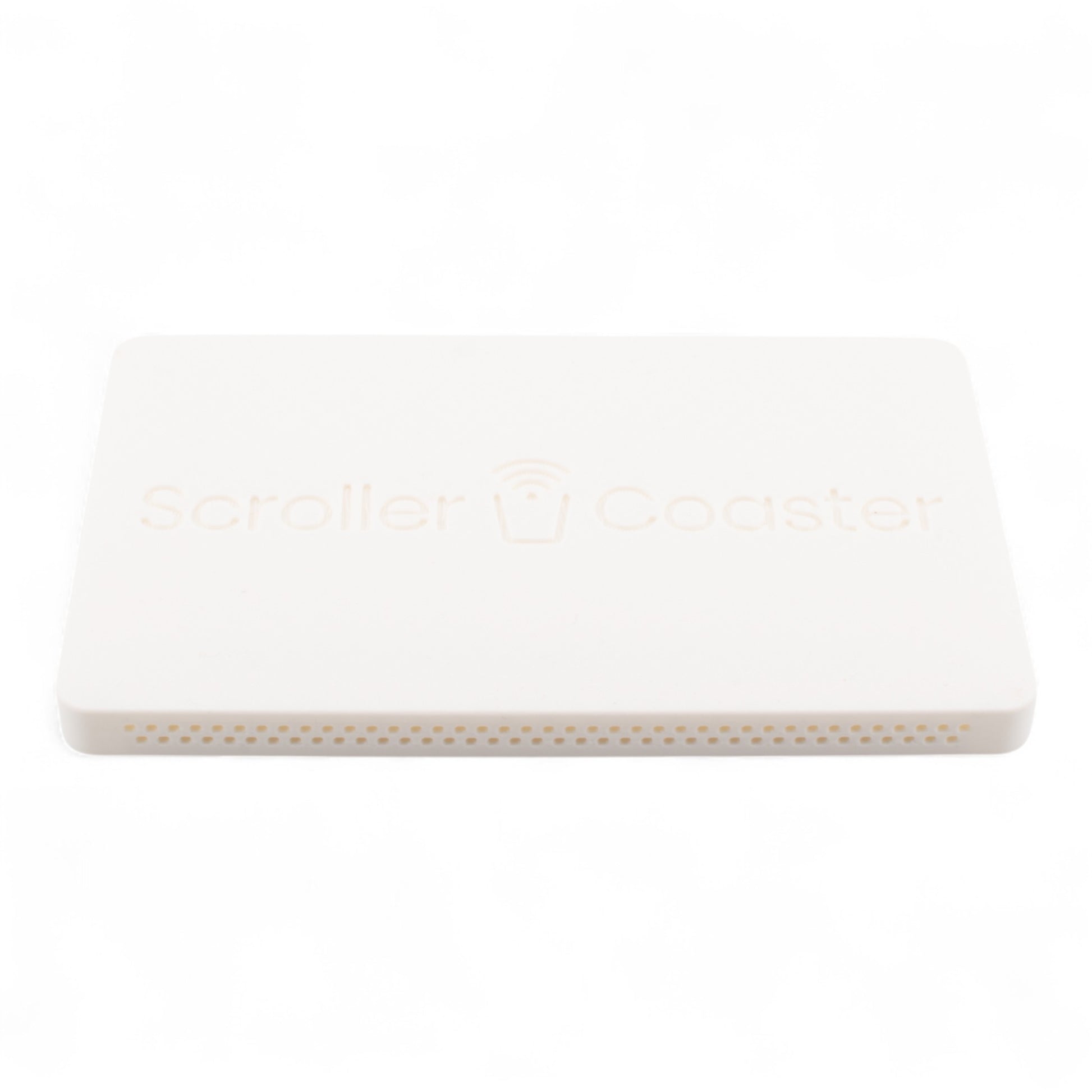 White smartphone drink coaster underside with 'Scroller Coaster' branding on a white background