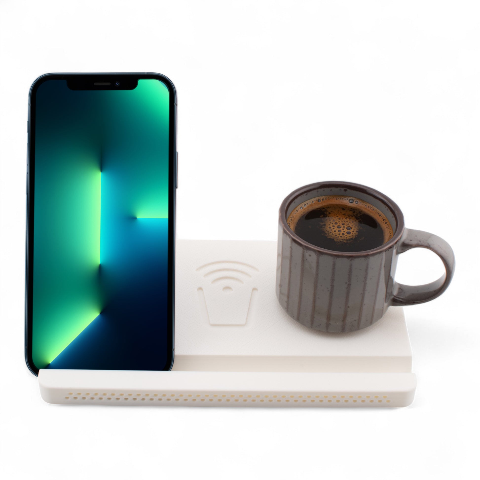 Smartphone and coffee mug on a white coaster on a white background front facing